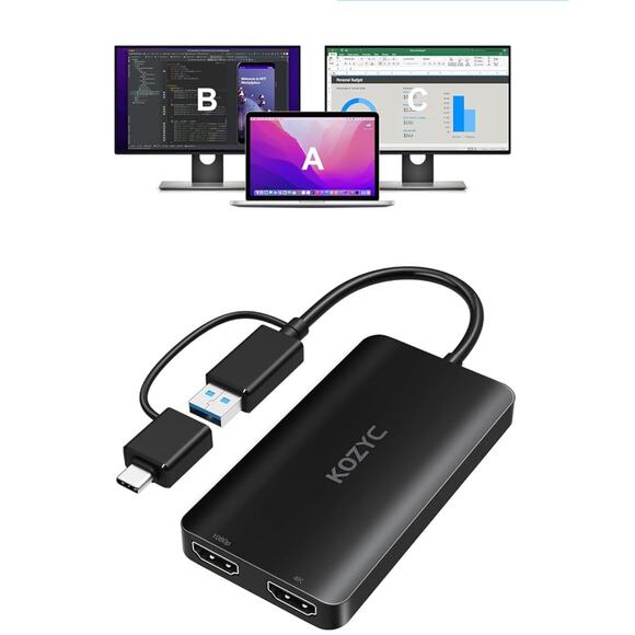 KOZYC USB 3.0 A/C to HDMI Splitter Duel Monitors Display 4k 30Hz + 1080p 60 Hz